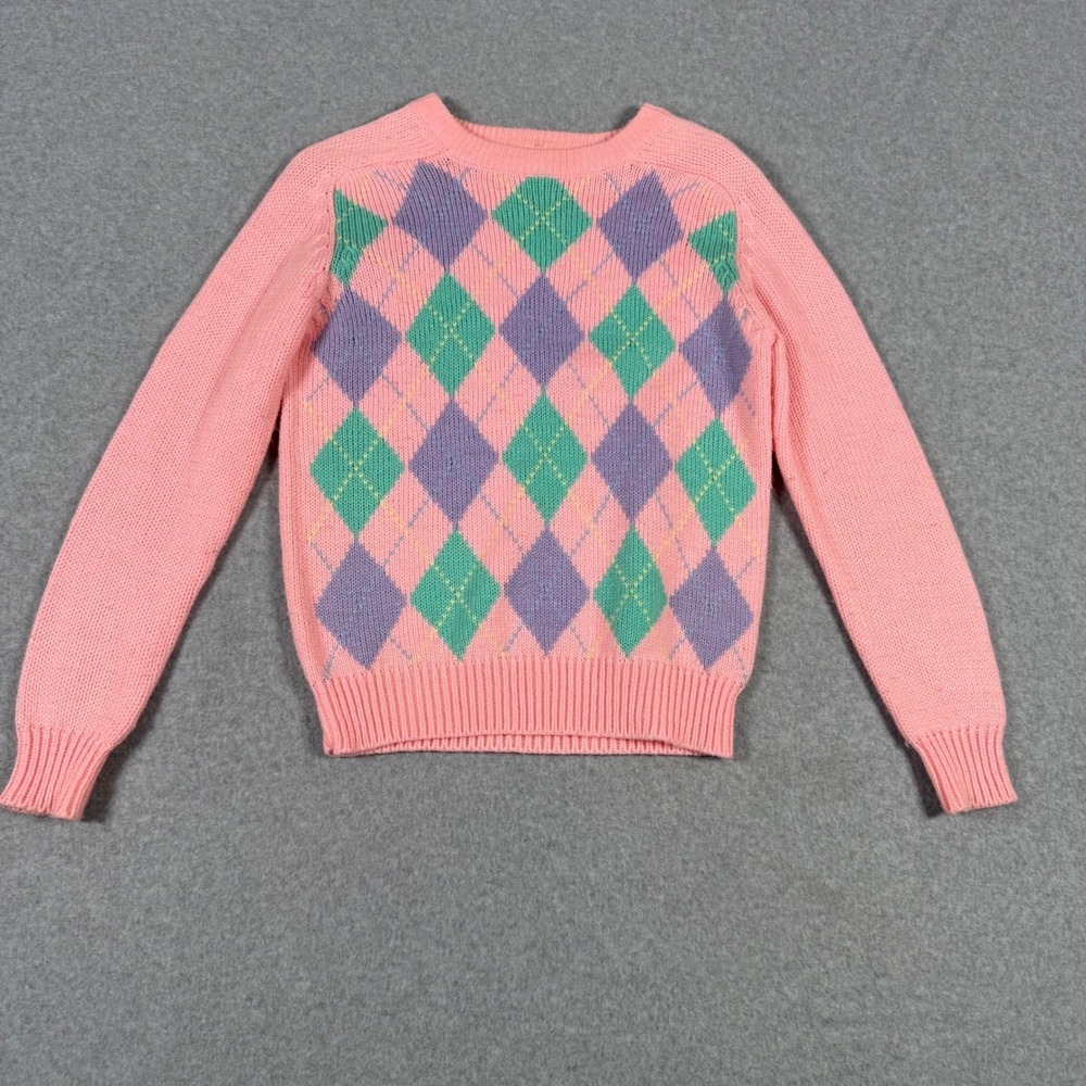 Vintage 80s Geris by CS Ltd Argyle Preppy Barbiecore Sweater Pink Green Size M